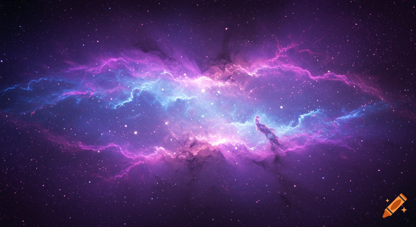A vibrant purple and blue nebula in deep space filled with stars