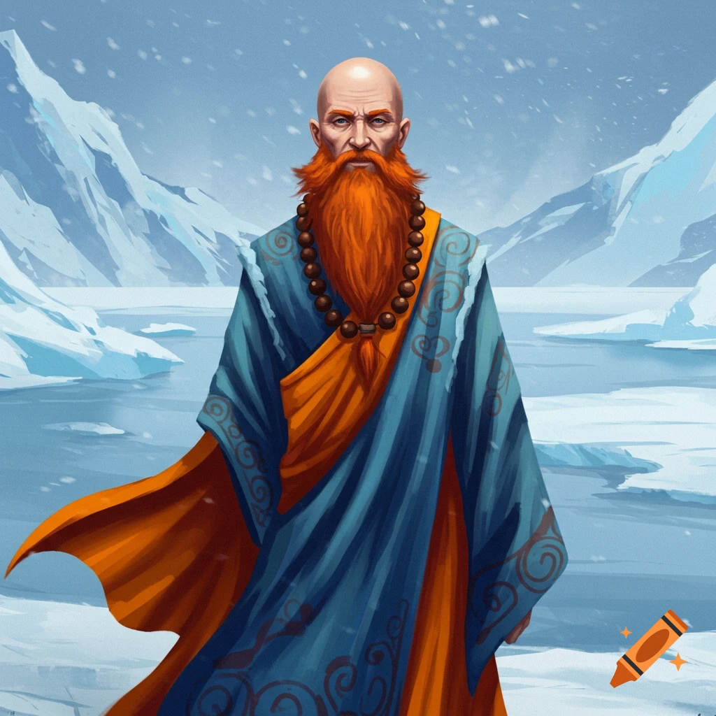 Illustration of a bald monk with a red beard in blue and orange robes in an arctic landscape