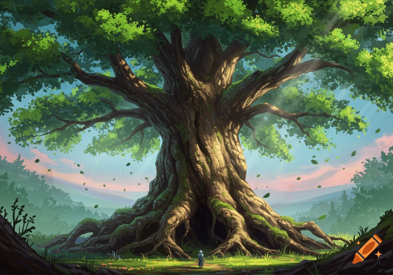 A small figure stands before a giant, ancient tree with massive roots in a lush fantasy landscape illustration.