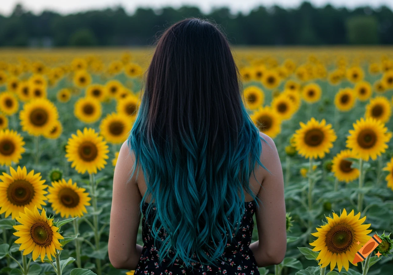 A woman with blue-tipped hair stands facing away in a field of sunflowers.