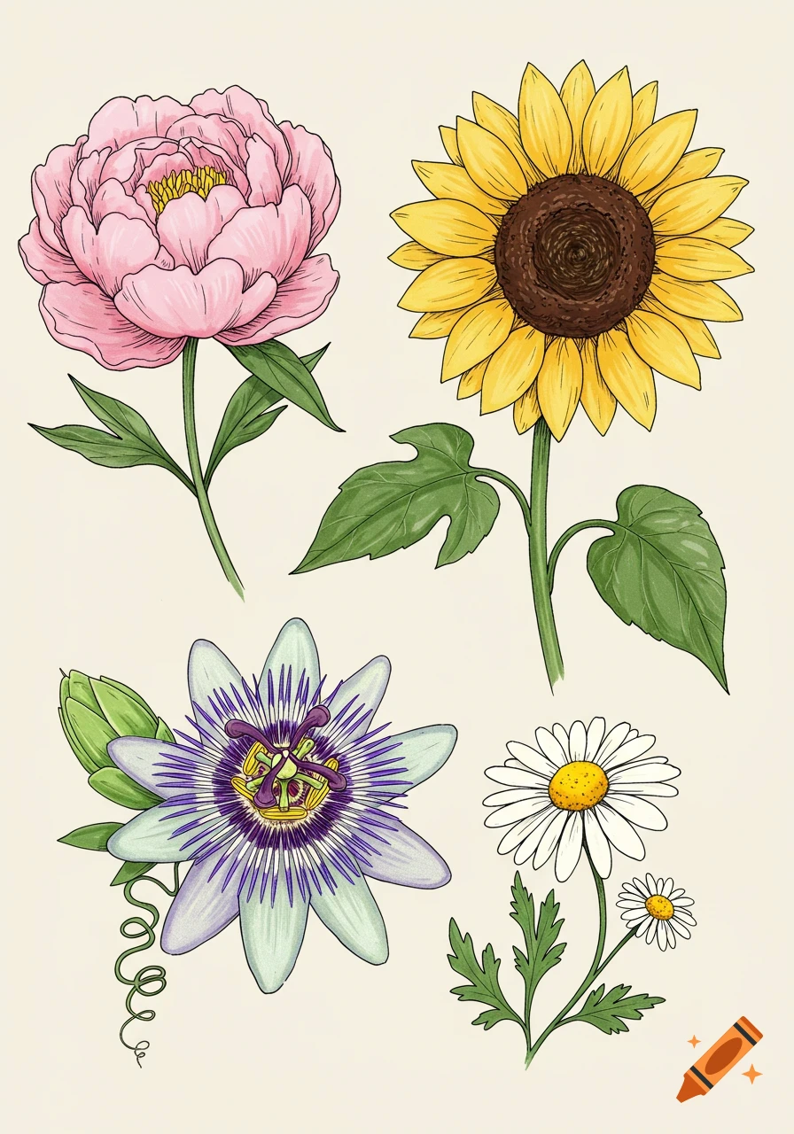 A botanical drawing of a peony, a sunflower, a passion flower, and daisies on a light background.