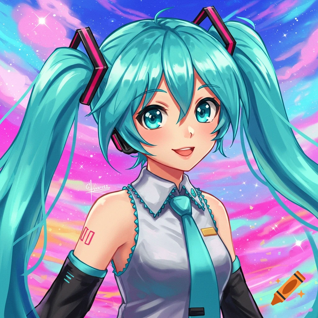 Close-up anime portrait of Hatsune Miku with teal pigtails against a colorful sky background.