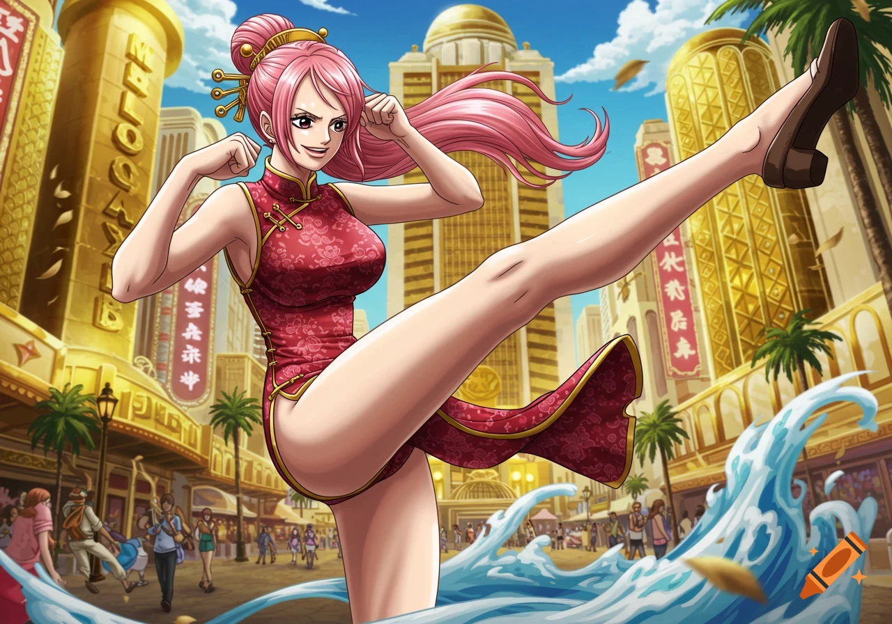 Pink-haired anime woman in a cheongsam kicking in a city street.