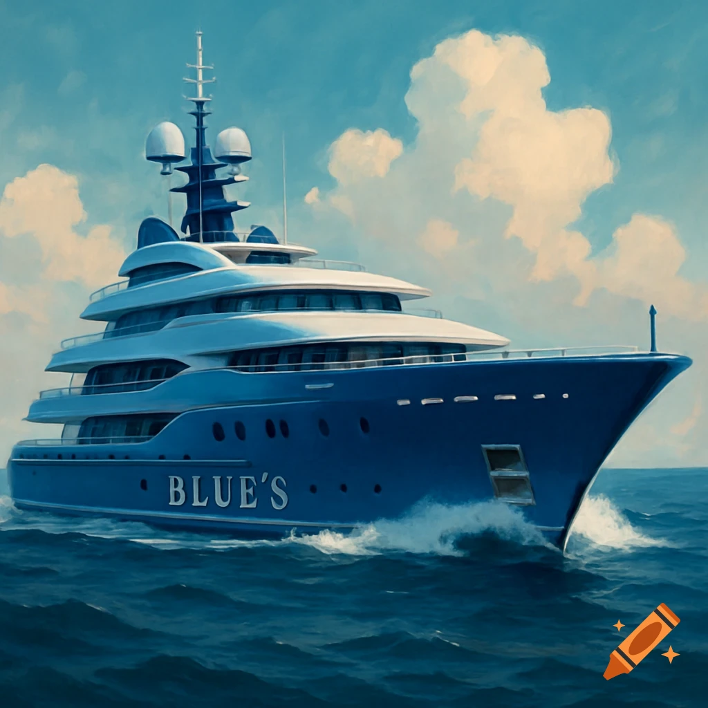 Blue superyacht with "BLUE'S" on the side sails on choppy water under a cloudy sky, digital painting.
