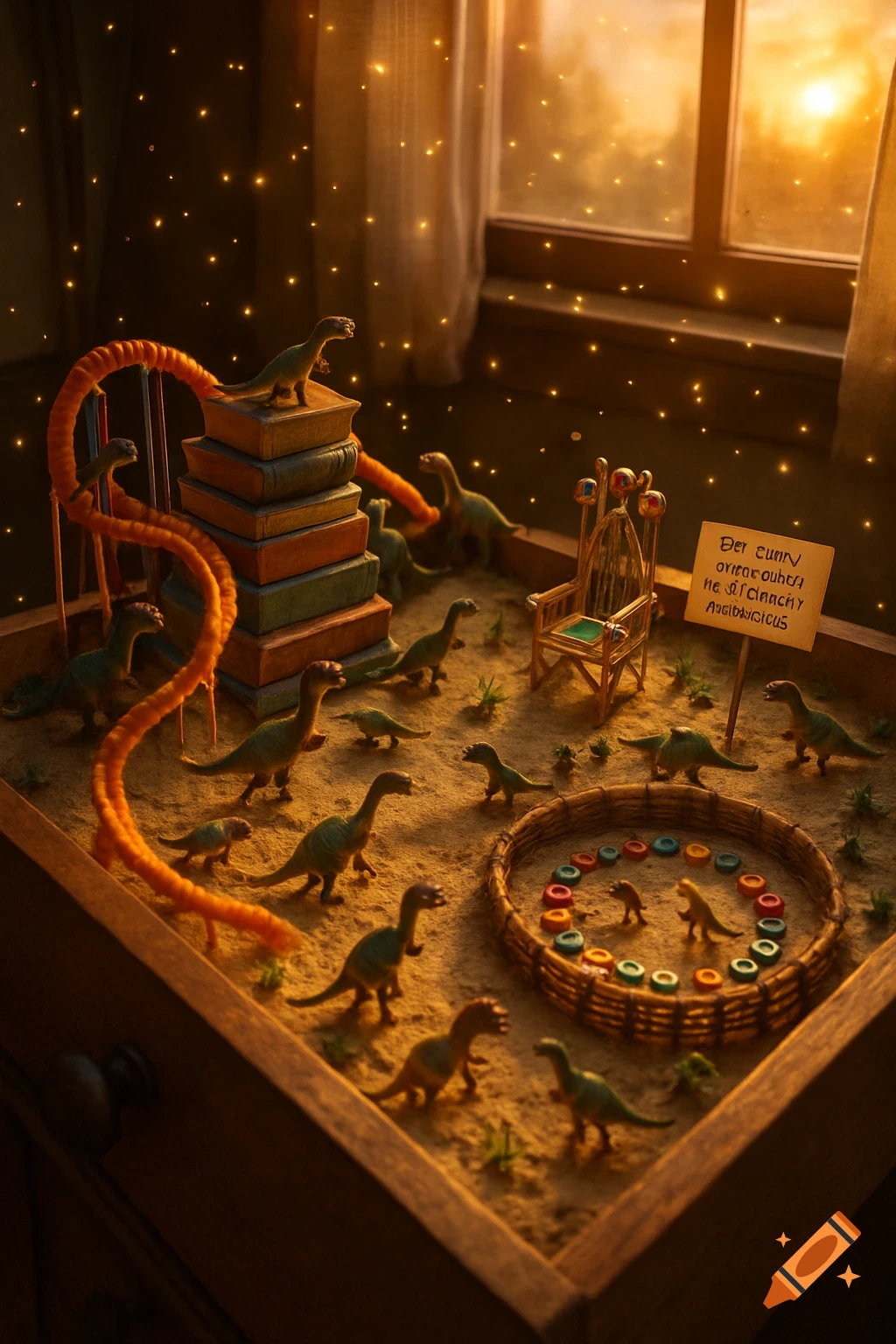 Toy dinosaurs in a miniature world inside a drawer with books, a slide, stadium, throne, and sign, lit by sunset and fireflies.