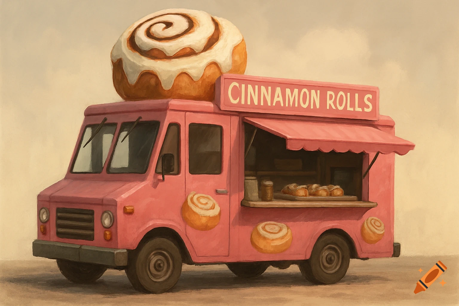 A pink food truck with a giant cinnamon roll on top, a sign saying 'Cinnamon Rolls', and pastries visible inside, painted style.