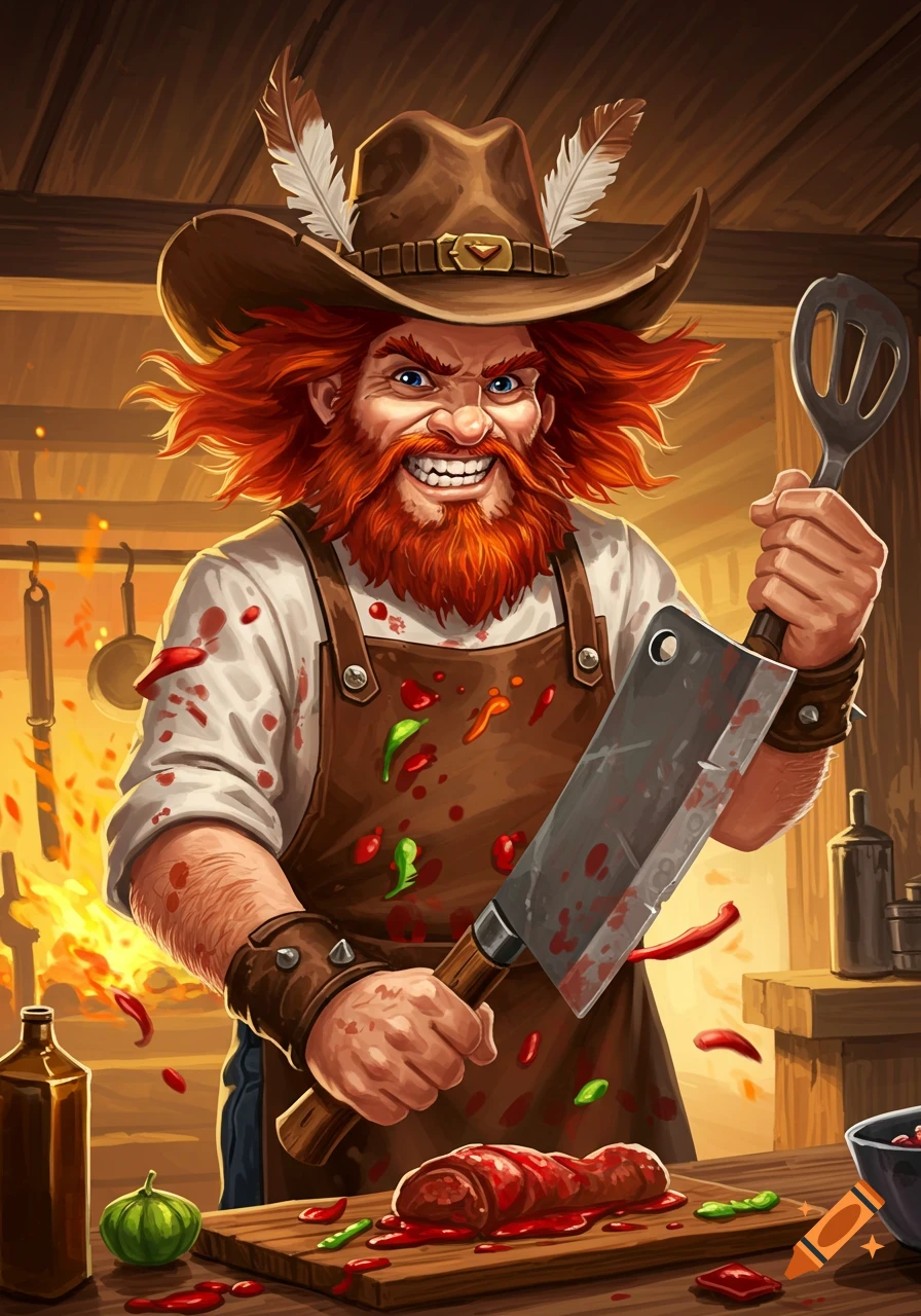 Illustration of a red-haired fantasy chef in a cowboy hat holding a cleaver.