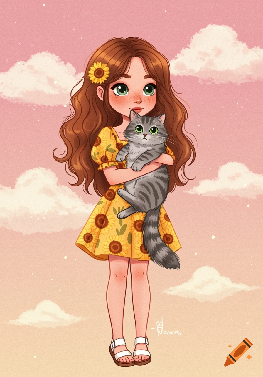 A cartoon illustration of a girl in a sunflower dress holding a gray tabby cat against a pink sky.