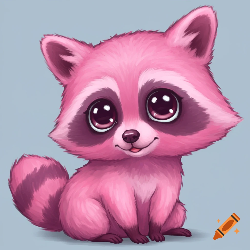 Cute pink cartoon raccoon with big eyes