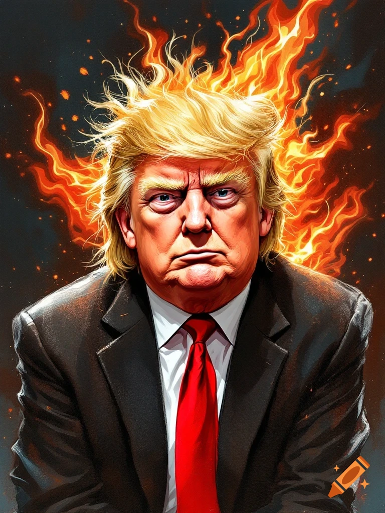 Portrait of a man resembling Donald Trump with fiery hair and an intense expression, digital painting style.