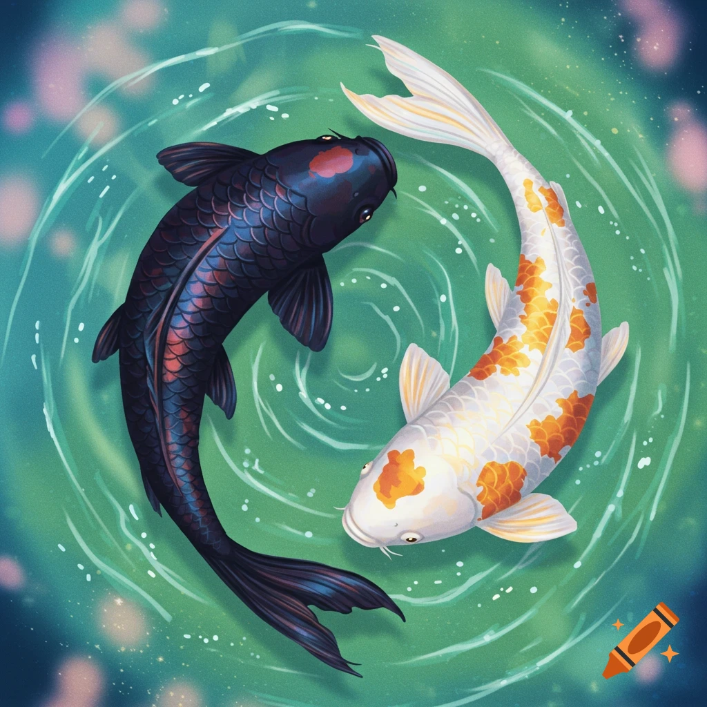 Two koi fish, one black and one white with orange spots, swimming in a circle to form a Yin Yang symbol in swirling water, illustration style.