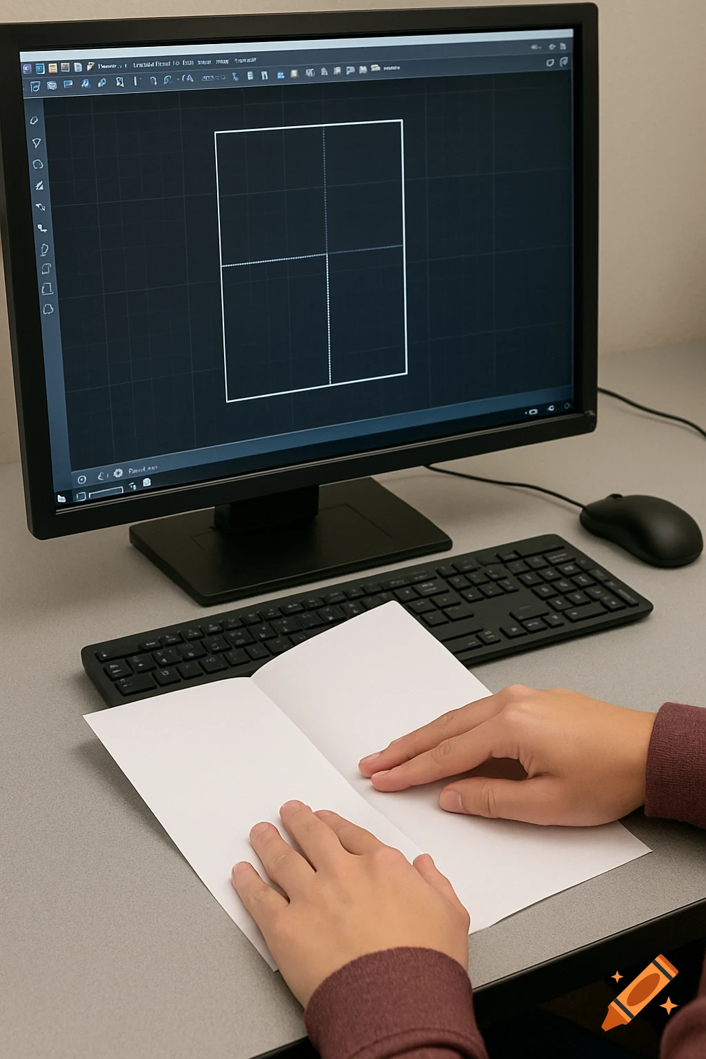 Hands fold a piece of paper at a desk with a computer screen displaying CAD software.