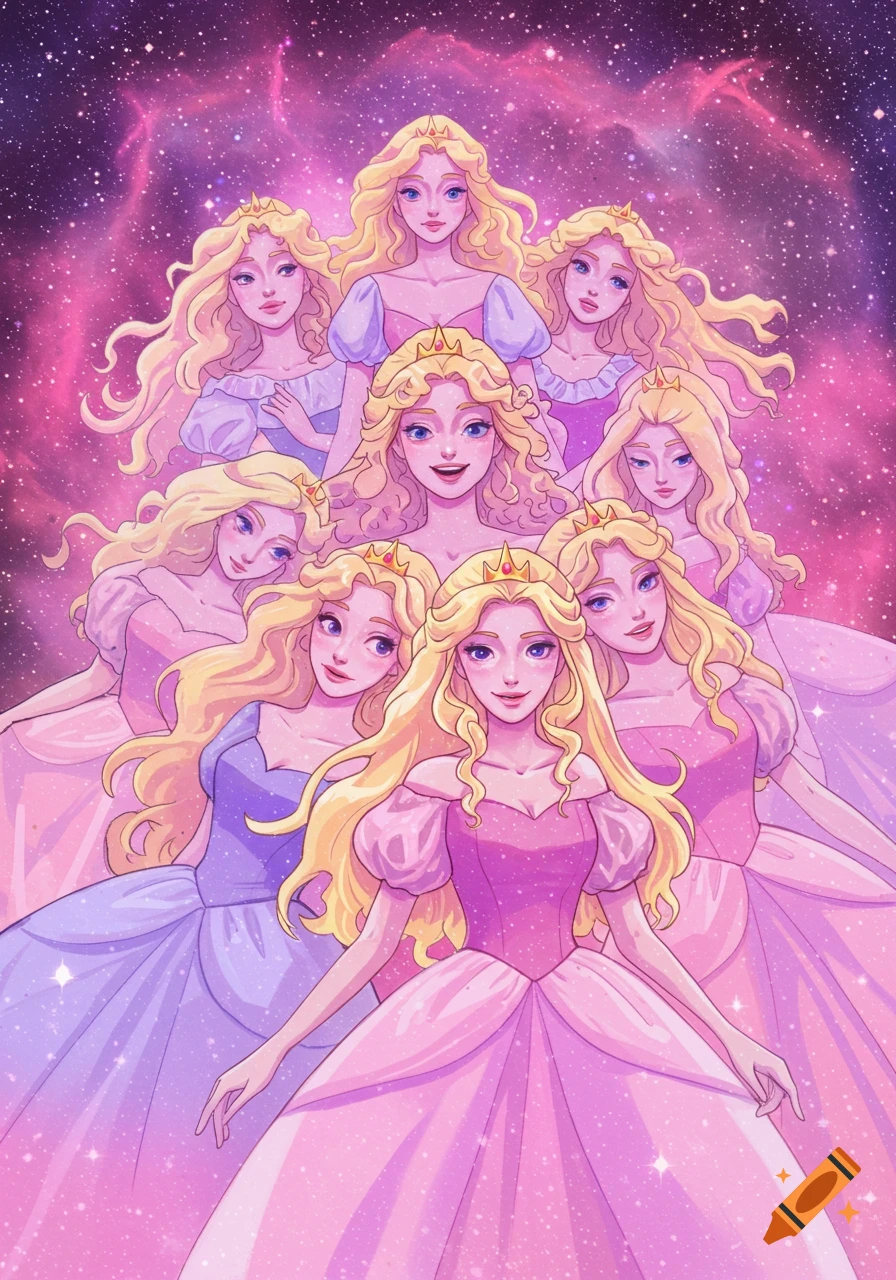 Cartoon illustration of multiple blonde princesses wearing crowns and dresses against a pink and purple starry space background.