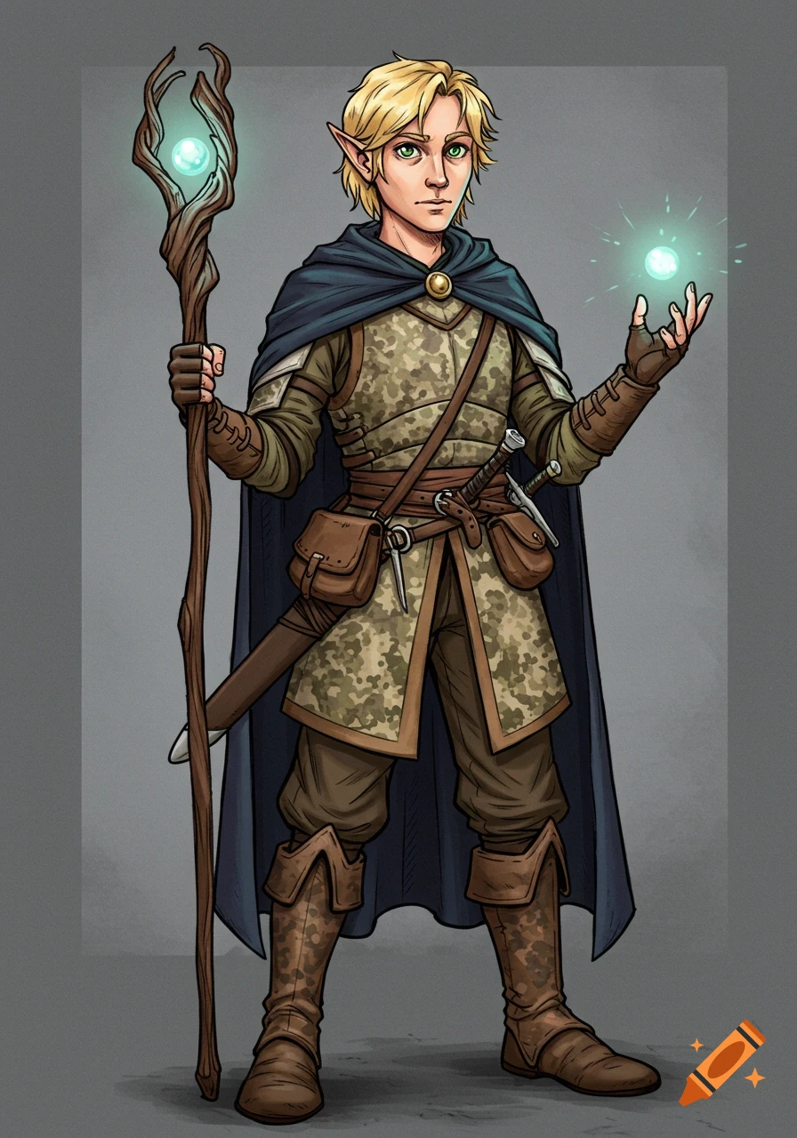Hand-drawn illustration of a young elf man in fantasy armor and cloak, holding a staff and glowing orb.