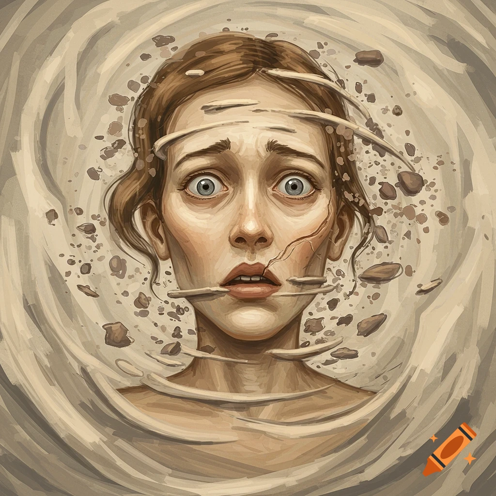 Illustration of a distressed woman's face with cracked skin and swirling earth-toned elements.