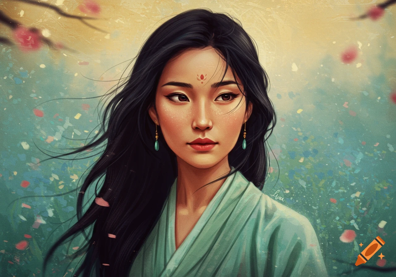 Portrait of a woman with dark hair in a green robe against a floral background, fantasy style