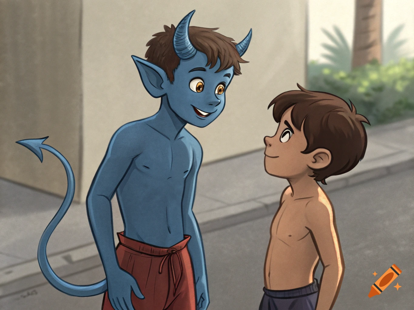 Cartoon illustration of a blue devil boy and a brown-haired boy looking at each other.