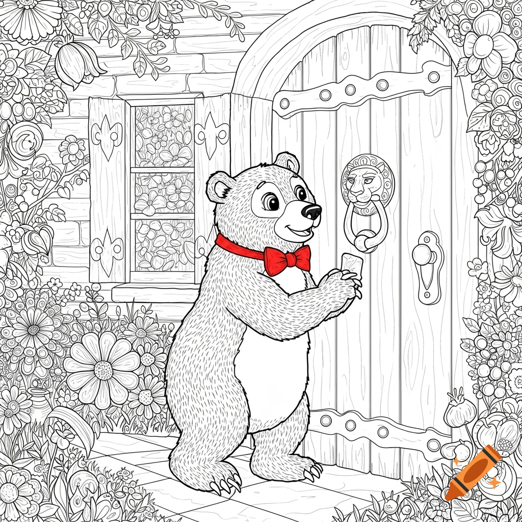 A black and white coloring page illustration of a cartoon bear wearing a red bow tie and knocking on a wooden door surrounded by flowers and vines.