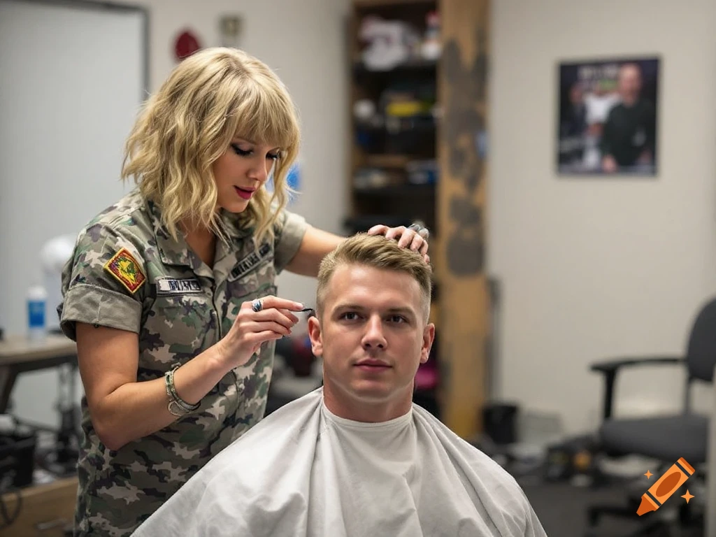 Woman in military uniform cutting a man's hair in a barbershop.
