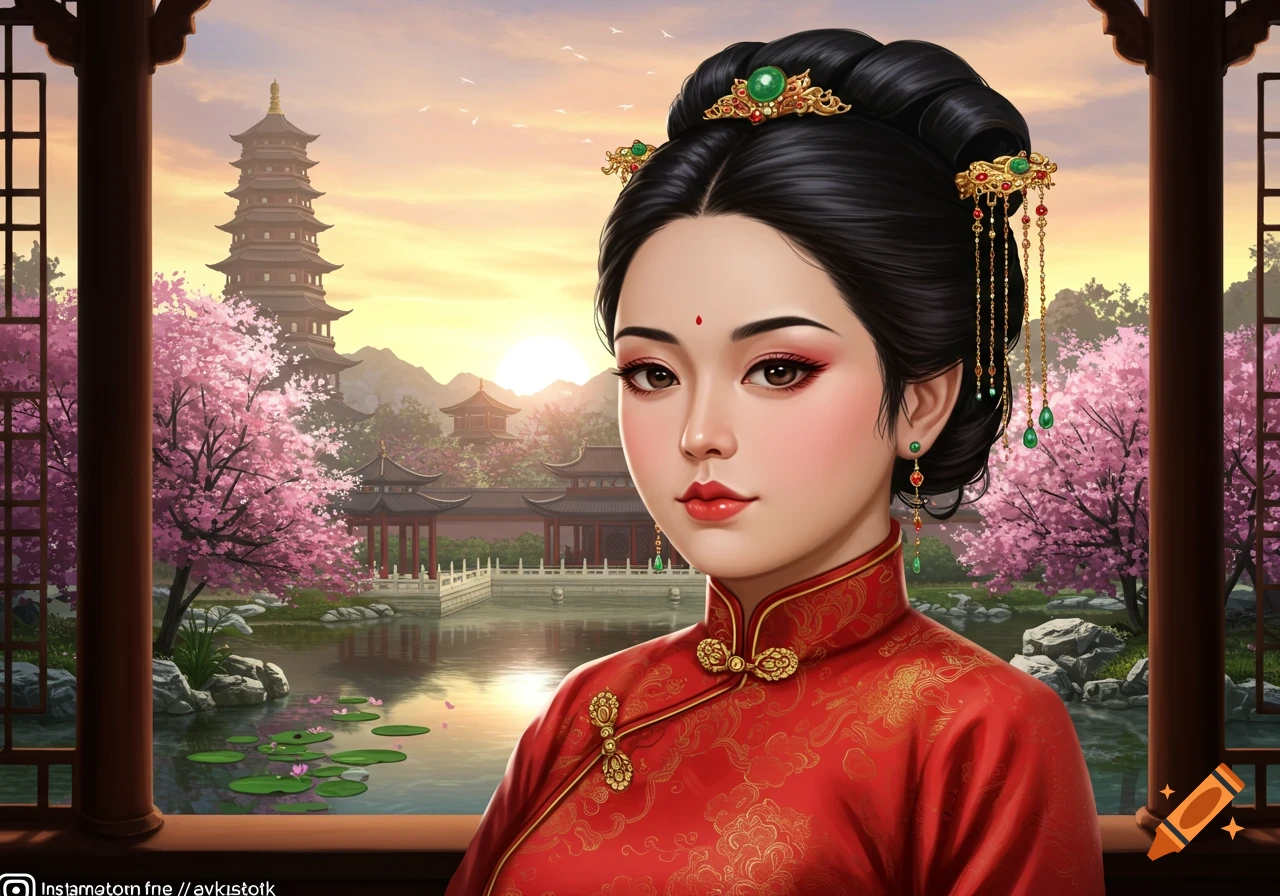 A beautiful woman in a red Chinese dress looks out over a traditional garden with a pagoda at sunset.