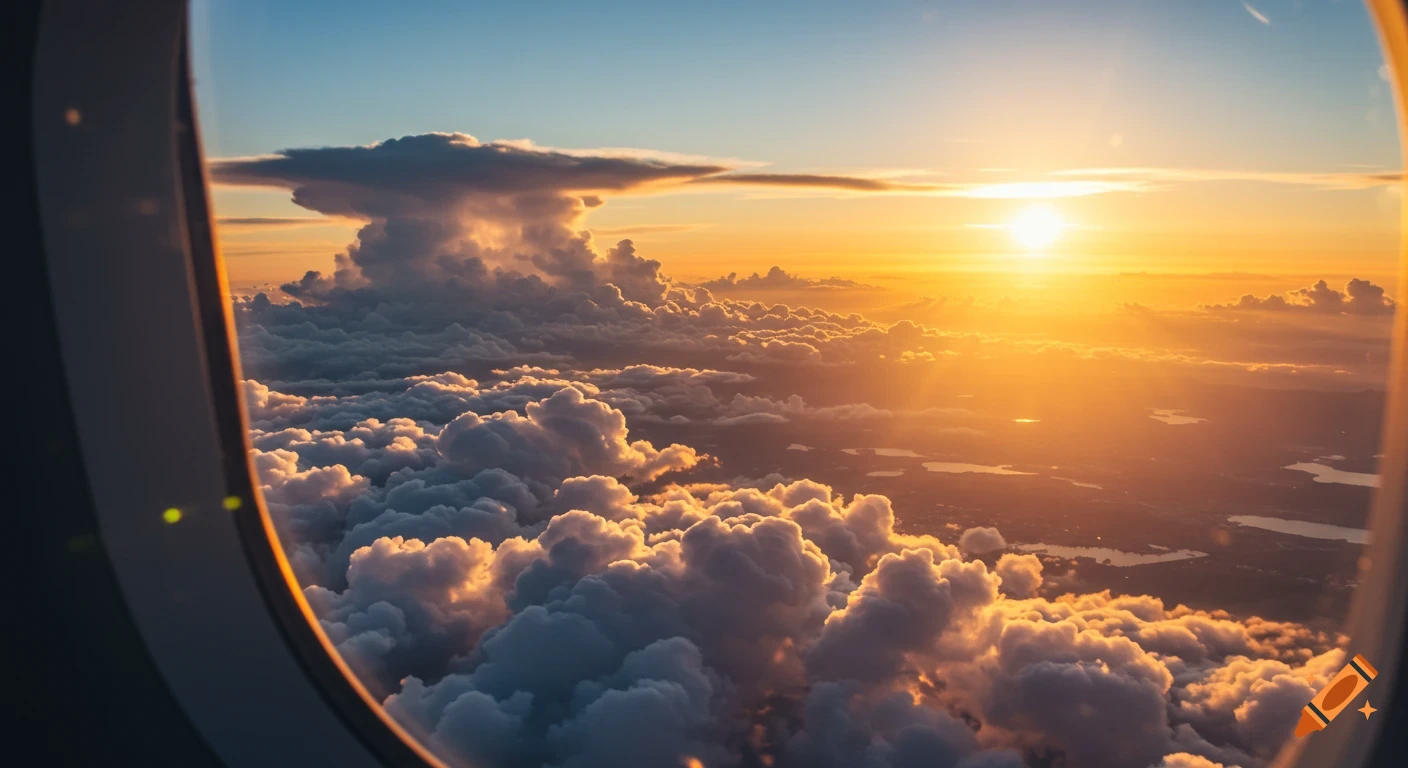 View from plane window of golden sunset light on clouds over land.