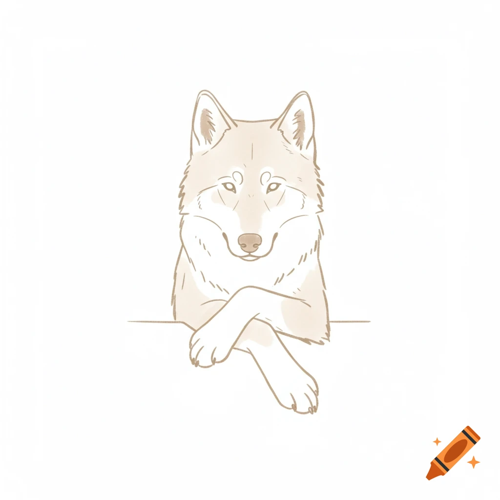 Simple line drawing illustration of a dog or wolf with its paws crossed.