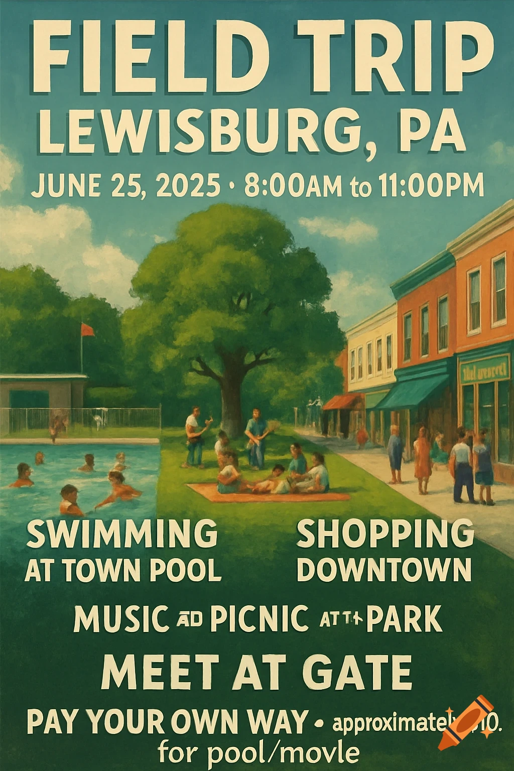 Illustration poster for a field trip showing swimming, picnic, and shopping scenes.
