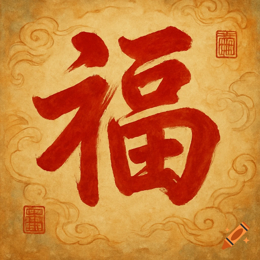 Chinese calligraphy of the character '福' (fortune) in red brush strokes on aged paper with clouds and seals.