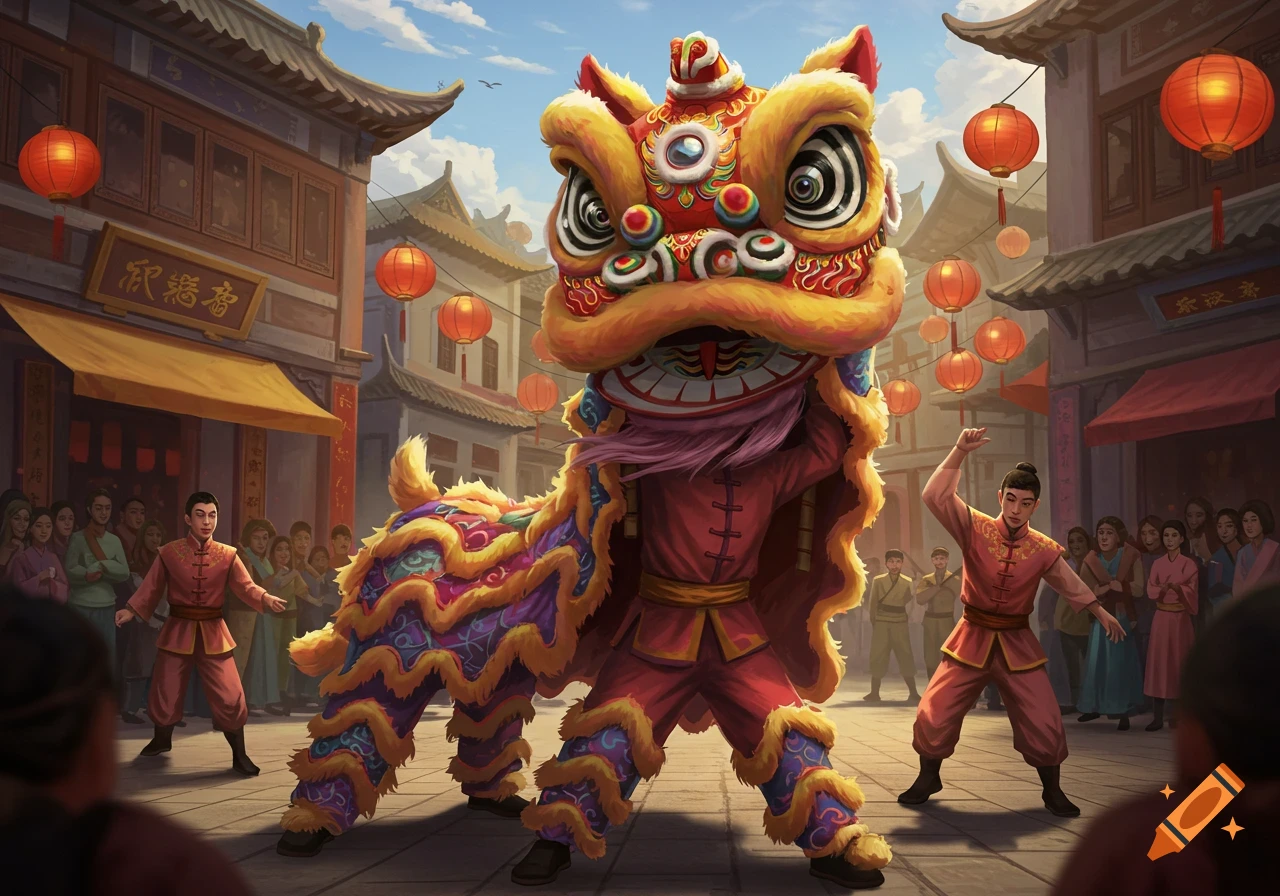 Lion dance performance in a bustling traditional Chinese street