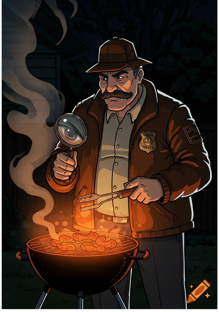 Cartoon detective examines sausages on a grill with a magnifying glass at night.