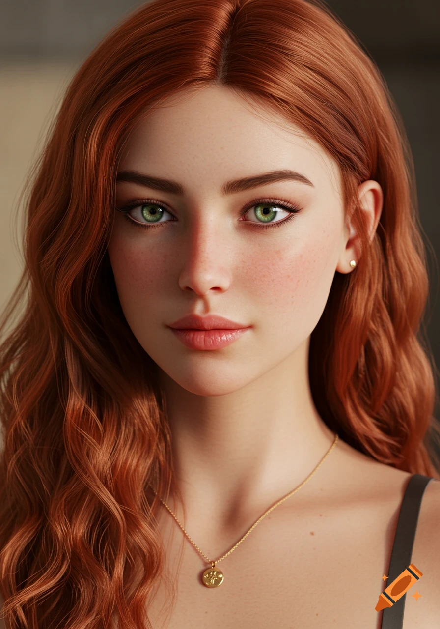 Realistic close-up portrait of a young woman with red hair and green ...