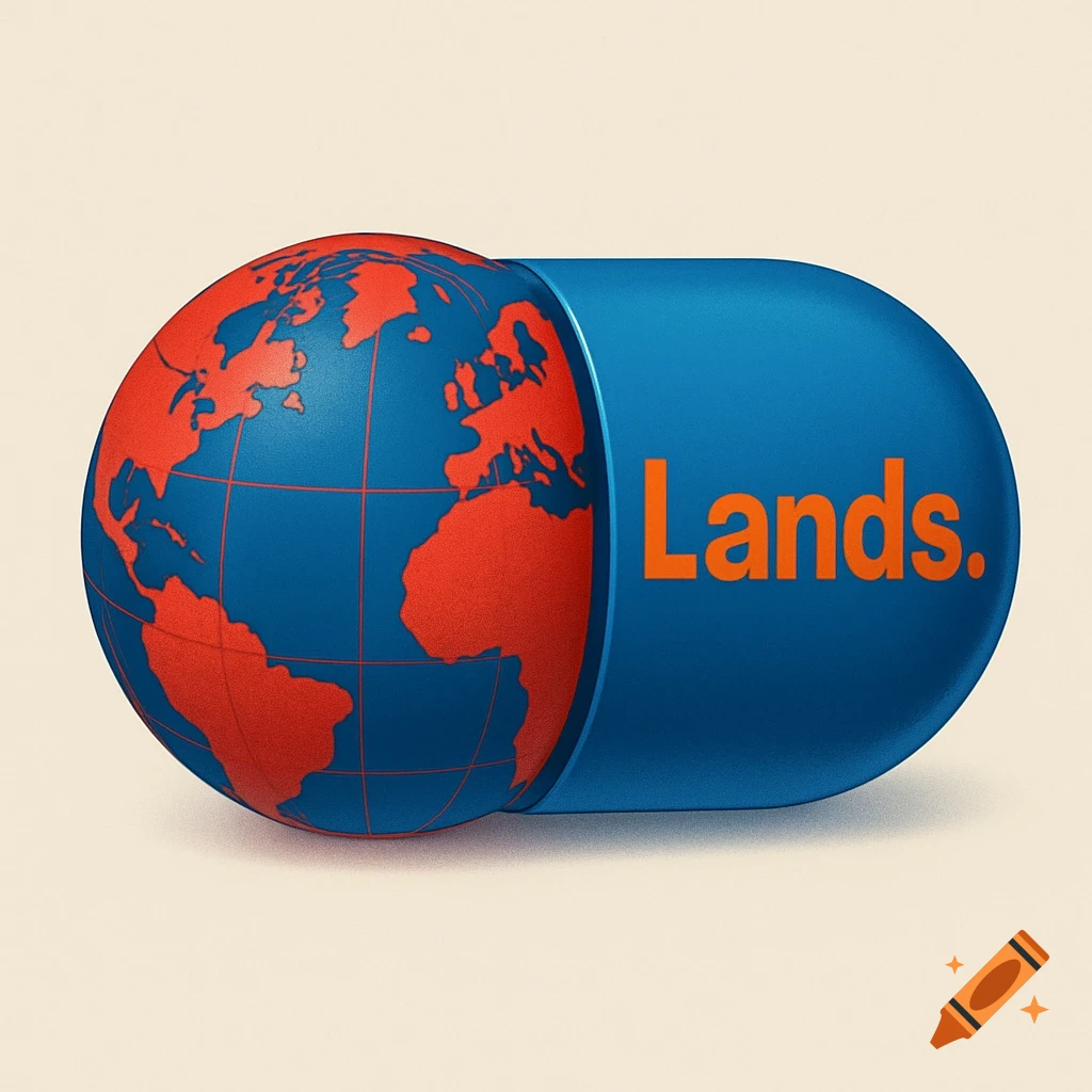 3D render of a pill with a red globe on one half and 'Lands.' text on the blue half.