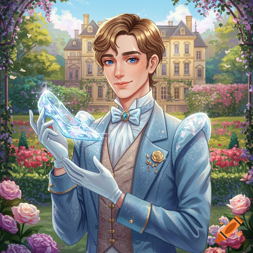 A young man in a blue suit holds up a sparkling glass slipper in a lush garden outside a castle.