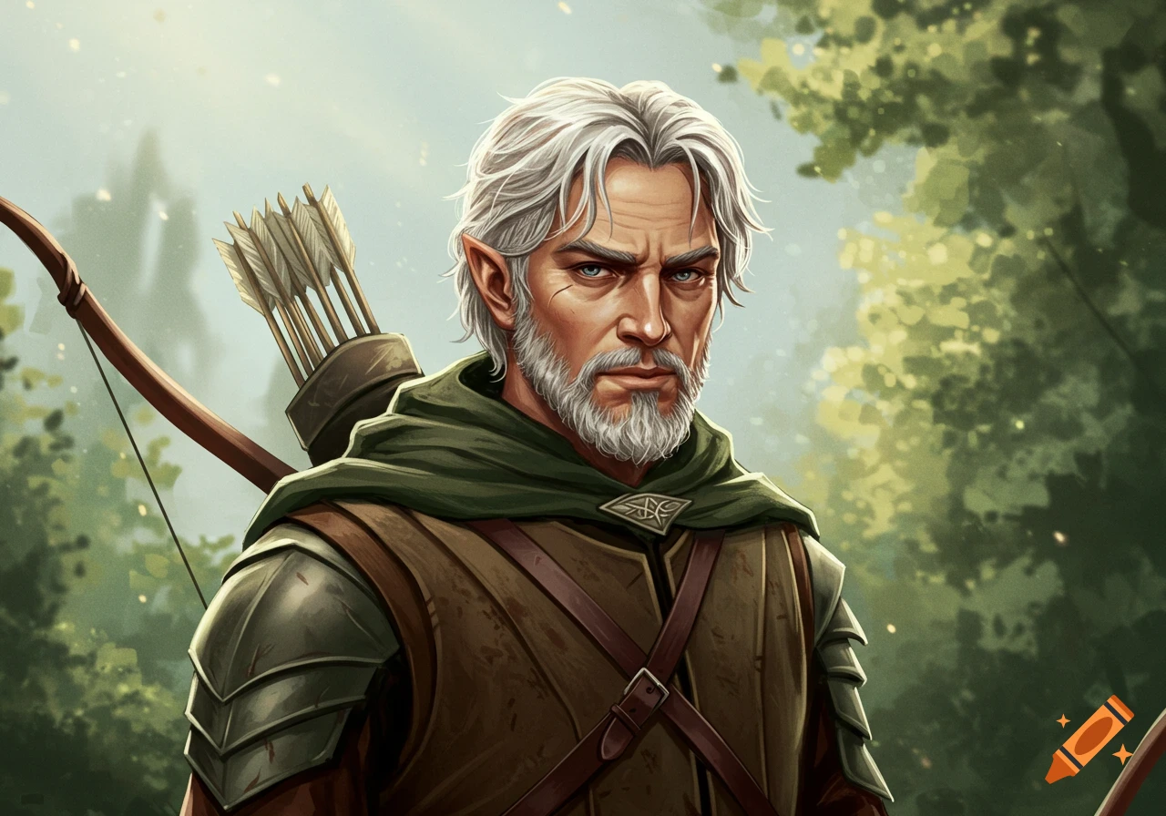 Illustration of an elven archer with silver hair and beard in a forest.