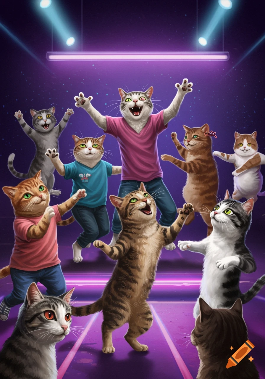 Illustration of anthropomorphic cats dancing enthusiastically in a purple-lit futuristic rave.