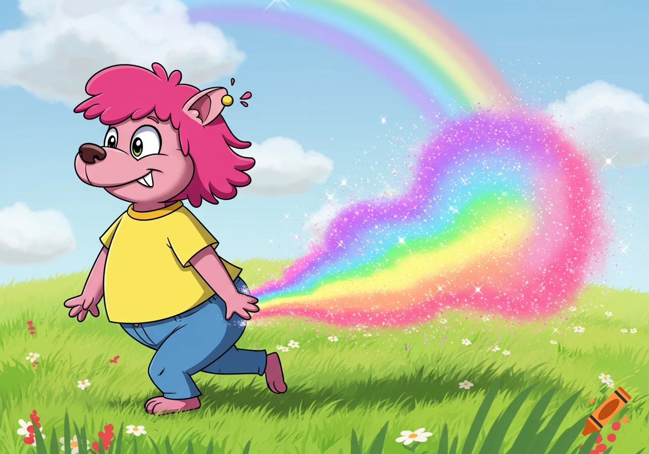 A cartoon pink wolf character runs in a field, farting a sparkling rainbow.