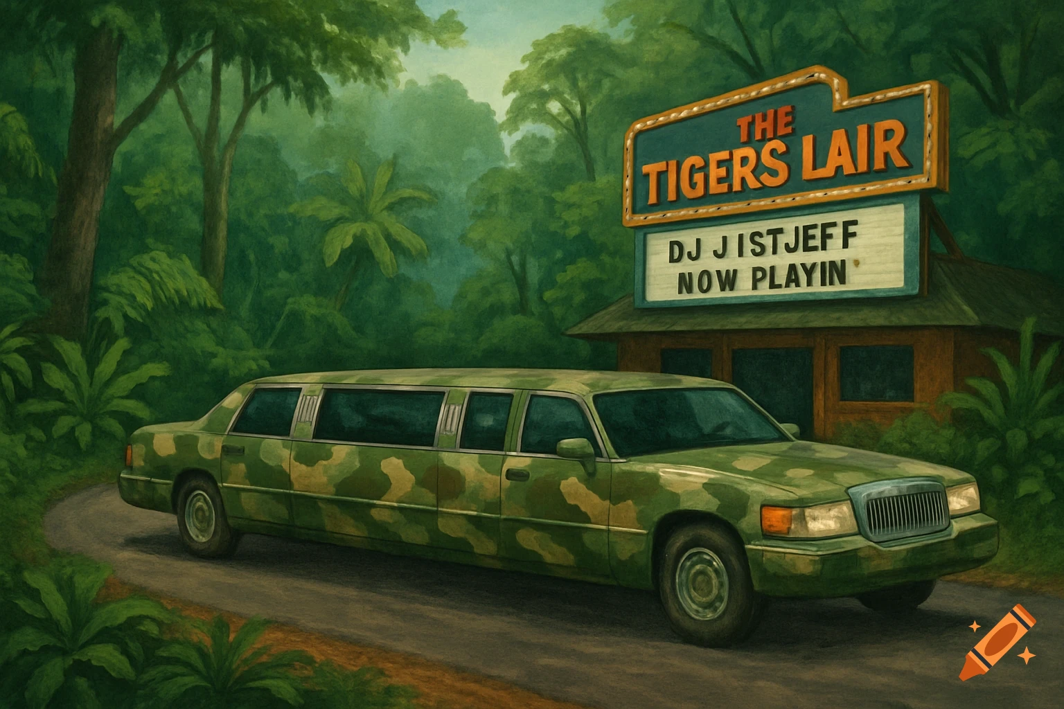 Illustration of a camouflage limousine in a jungle driving towards a club called The Tiger's Lair.
