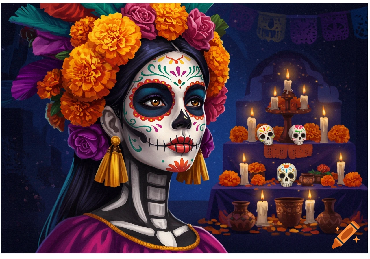 Woman with sugar skull makeup and floral headdress near a Dia de Muertos altar