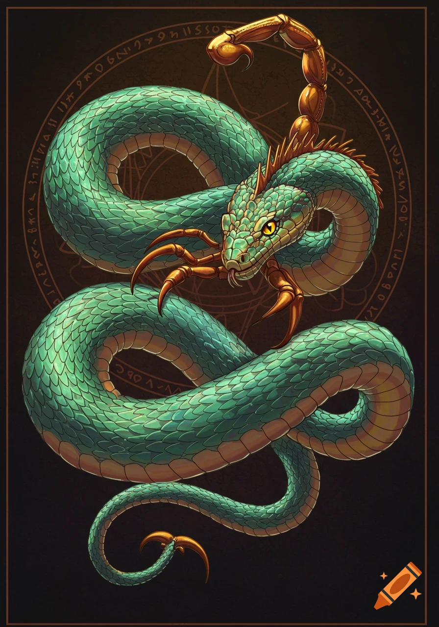 Illustration of a snorpion creature, a snake-scorpion hybrid