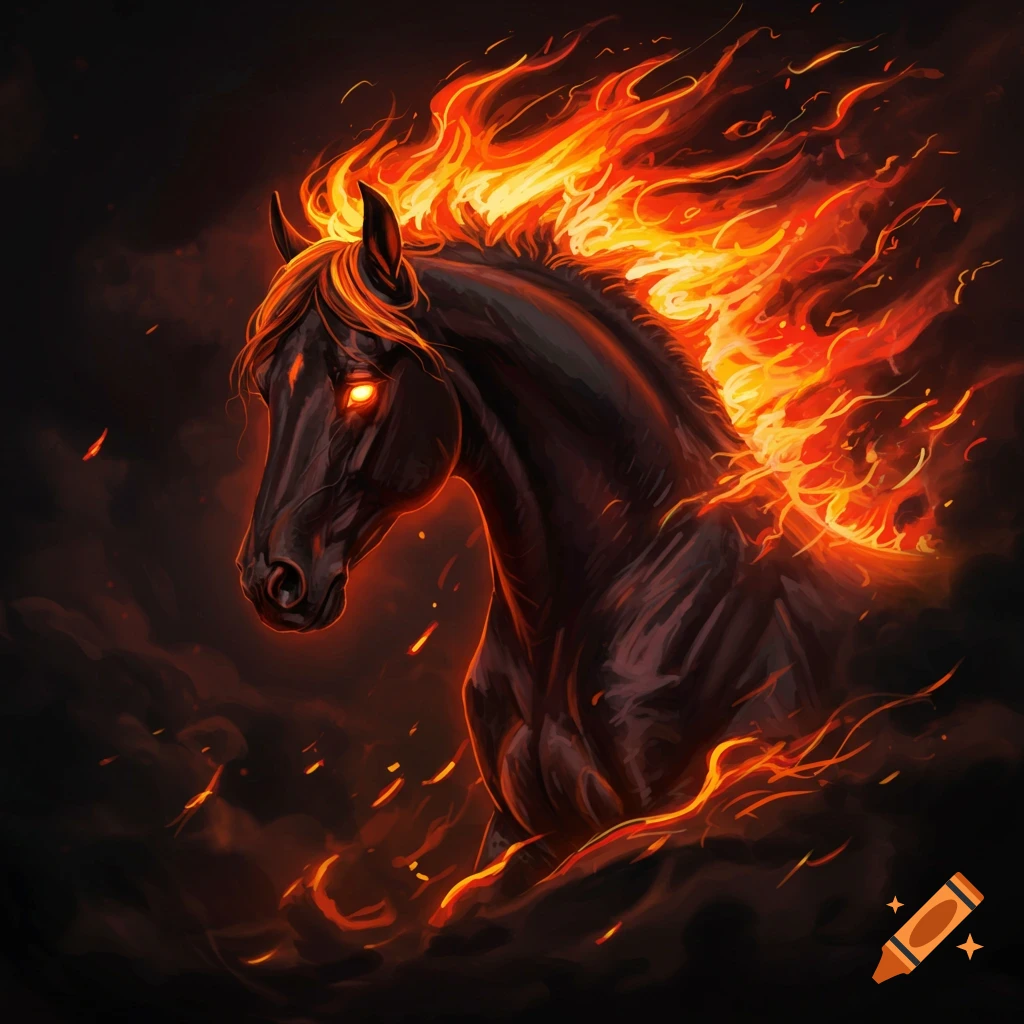 A dark horse with fiery mane and glowing eyes stands amidst smoke and ...