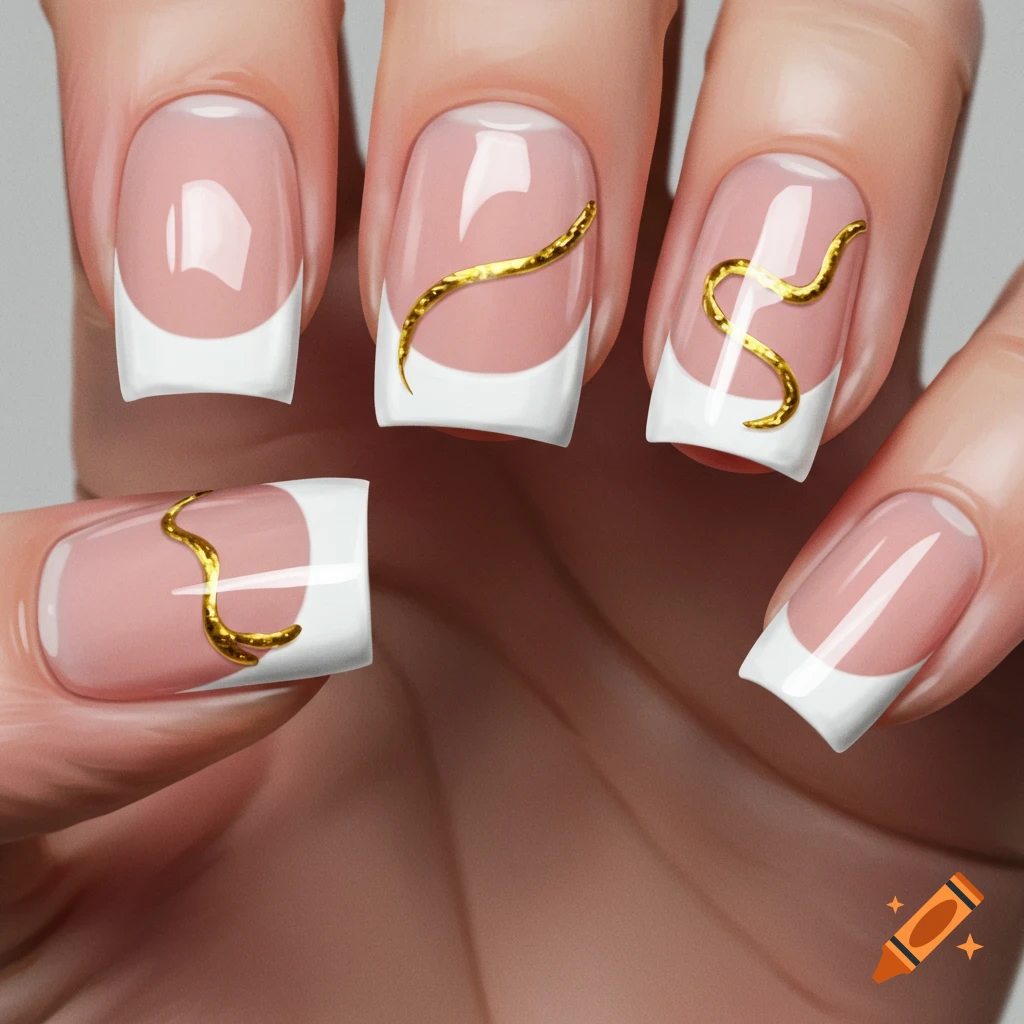 Close up of a hand with french tip nails decorated with gold squiggles.