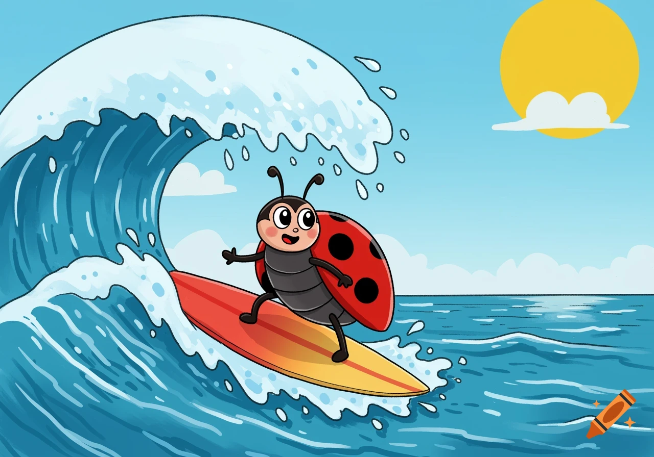 A cartoon ladybug rides a surfboard on a large blue wave in the ocean under a bright yellow sun.