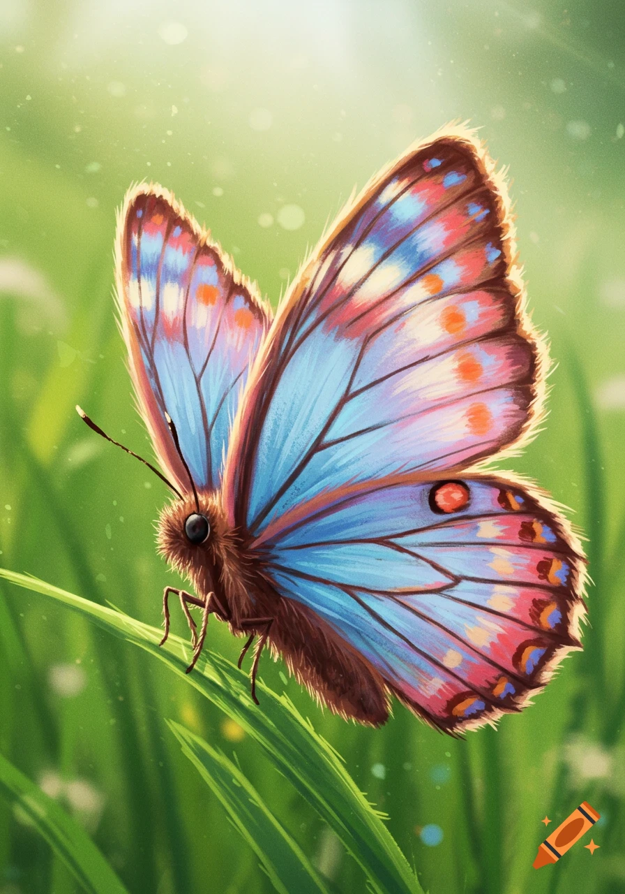 A fluffy butterfly with blue and pink wings sits on a blade of grass.
