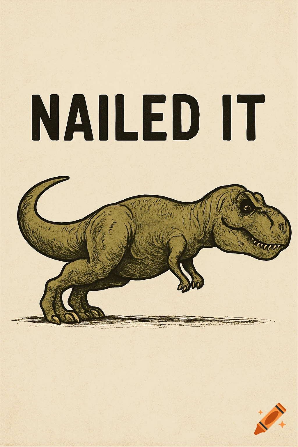 Cartoon T-Rex doing a push-up with 'NAILED IT' caption, vintage illustration style.
