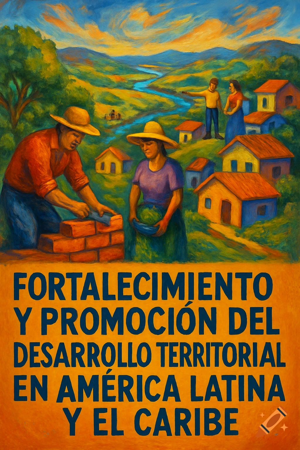 Painting of people working and living in a rural landscape with text about territorial development.