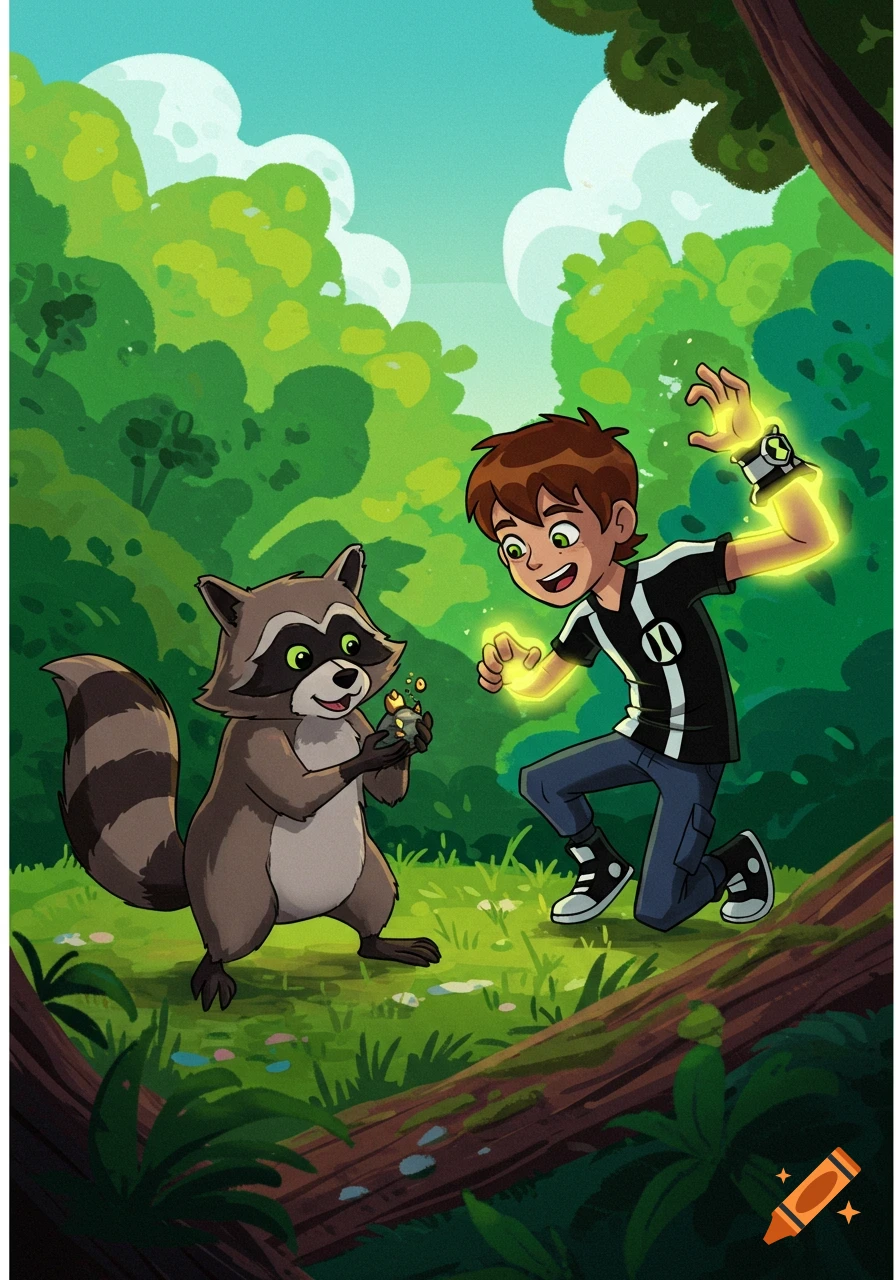 Cartoon illustration of Ben 10 with glowing hands interacting with a raccoon in a forest.
