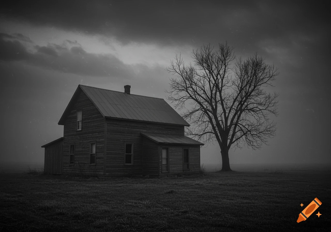 Black and white photo of an old farmhouse and bare tree in a foggy, eerie landscape.
