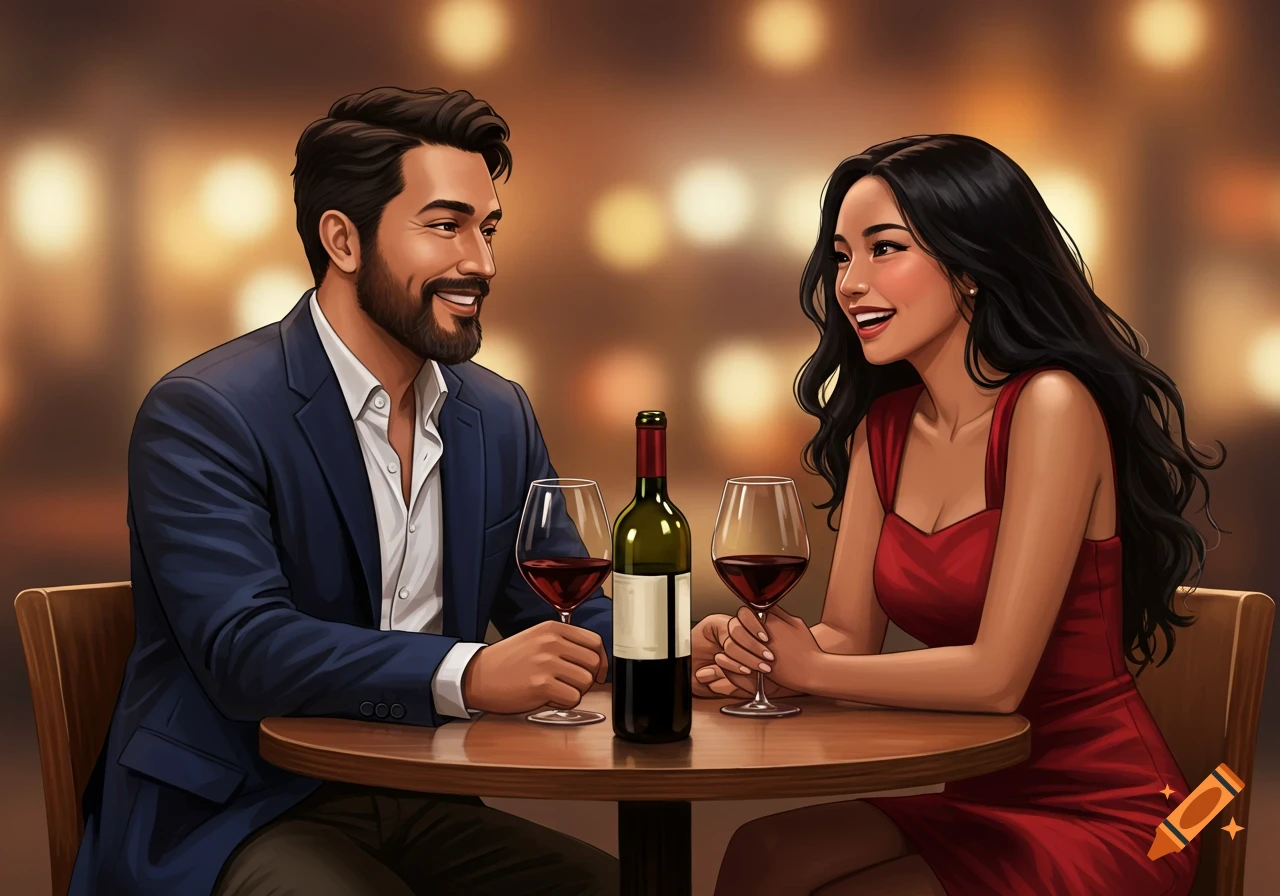 A man and woman smiling at each other while having dinner with wine.
