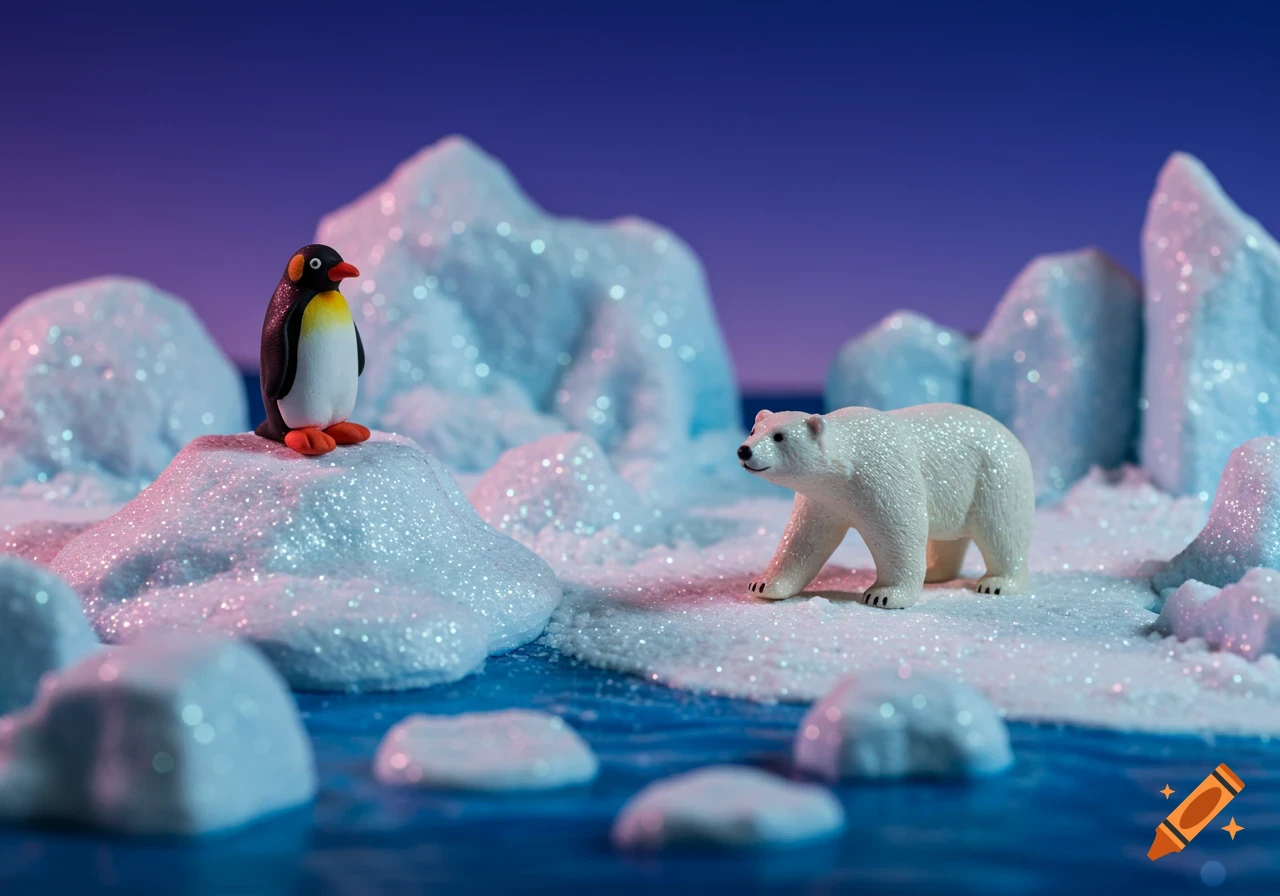 A toy penguin and polar bear on glittery icebergs in a diorama