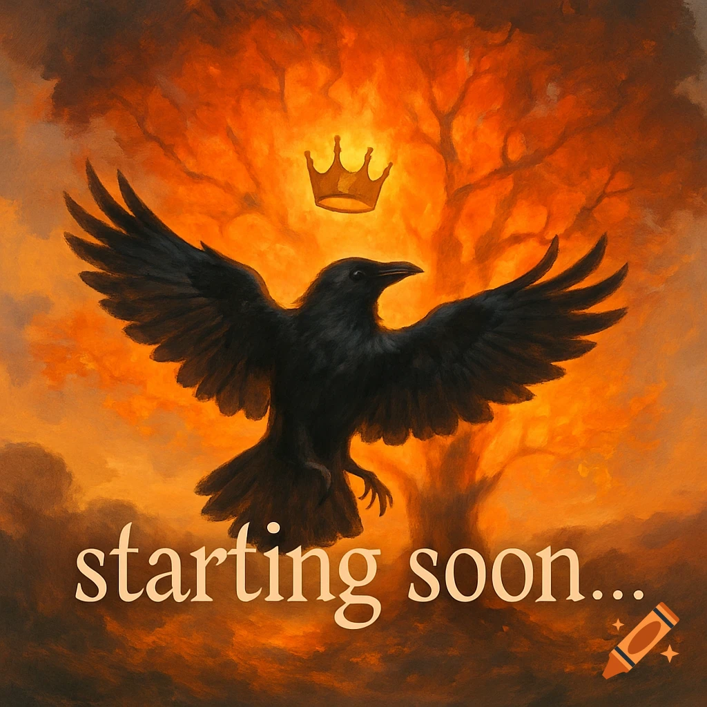 A black raven with a crown above its head stands in front of an orange, burning tree. Text below reads 'starting soon...'.